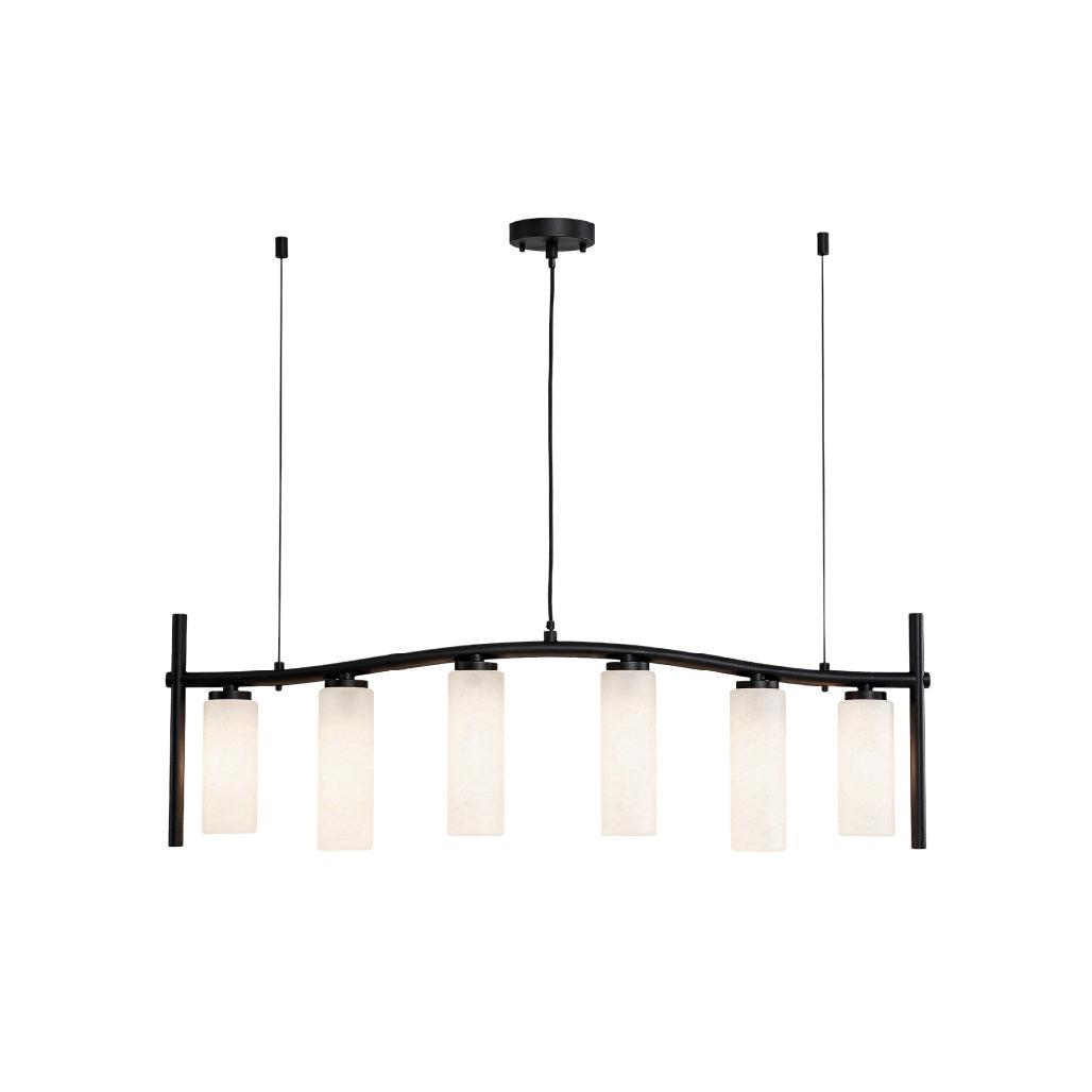 Moderne Hanglamp met Zes Witte Glazen Lichts & Zwart Uithangframe