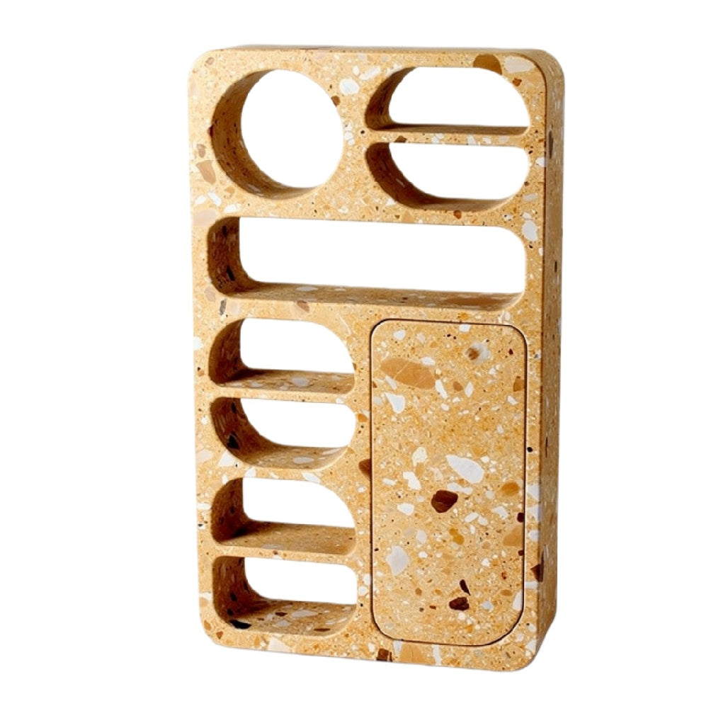 **Titel: Innovatieve telefoonhouder van terrazzo met multifunctionele opbergmogelijkheden**