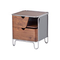 Moderne nachtkast met houten lades en metalen frame