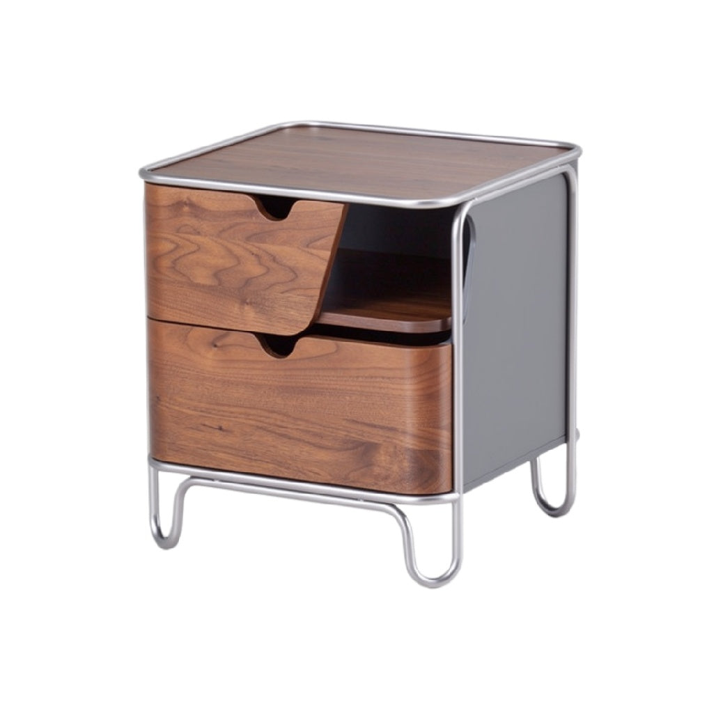Moderne nachtkast met houten lades en metalen frame