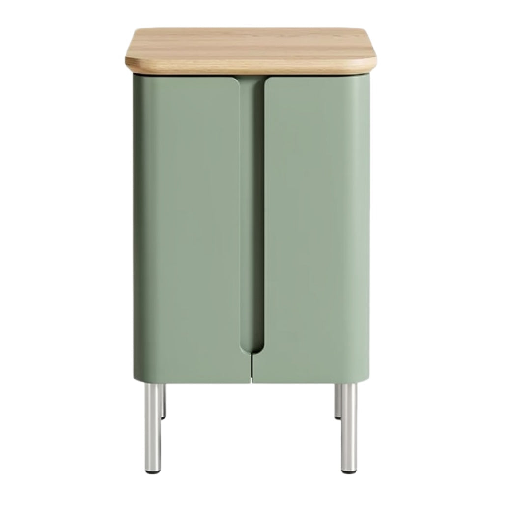 **Modern groen nachtkastje met houten blad en metalen poten**