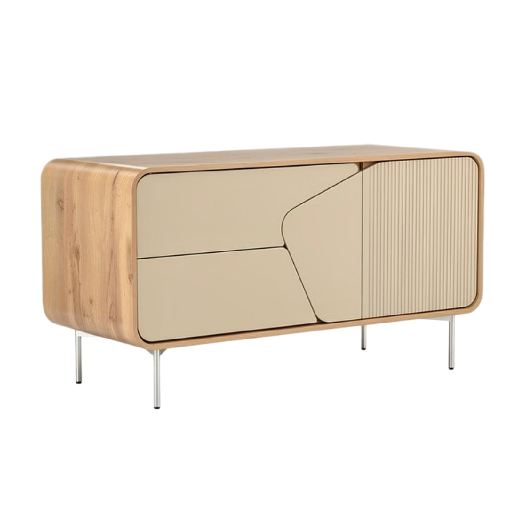 Eenvoudige en Moderne Dressoir met Houten Afwerking en Minimalistische Lijnen